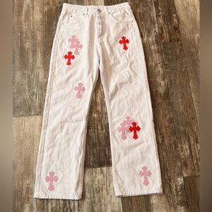Chrome heart white jeans pink and red crosses